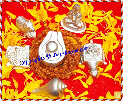 Combo deal 5 - Parad Shivlinga + Parad Sriyantra + Parad Shankha + Parad Nandi + Parad Meru + Parad Parvati + Free Rudraksha mala