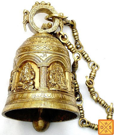 Hanging Bell in Brass, Brass Long Bell With Chain, Hanging Ritual