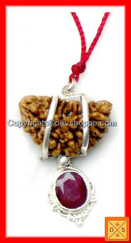 One Faced Rudraksha (1 Mukhi) Silver Pendant with Ruby Gemstone