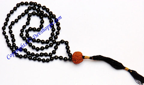 Black Hakik (Agate) mala for protection from black magic with Seven faced (7 mukhi) Rudraksha