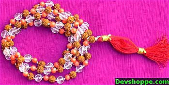 PRECIOUS CORAL + DIAMOND CUTTING SAPHTIK +5 MM RUDRAKSHA COMBINATION MALA