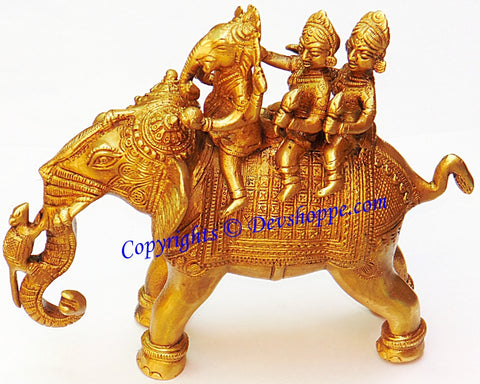 Ganesha Riding Elephant with Two Consorts Riddhi and Siddhi brass idol