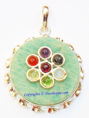 Green Jade round shaped pendant with Chakra stones