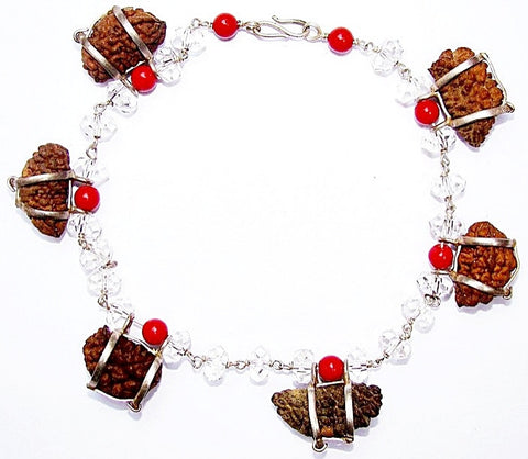 One Mukhi Rudraksha Bracelet with Crystal and Coral beads