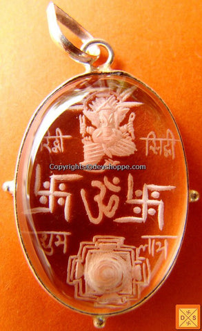 'Riddhi Siddhi Ganesha with Sriyantra' hand carved crystal pendant in german silver