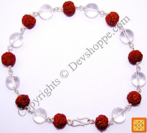 Rudraksha and Quartz Crystal Combination Silver Bracelet