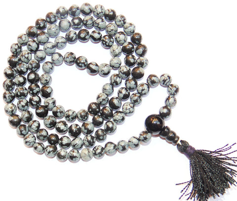Snowflake Obsidian Buddhist style mala to get rid of Negative energies and for positivity