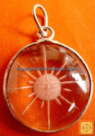 "Surya" (Sun) hand Carved Crystal Pendant in German Silver