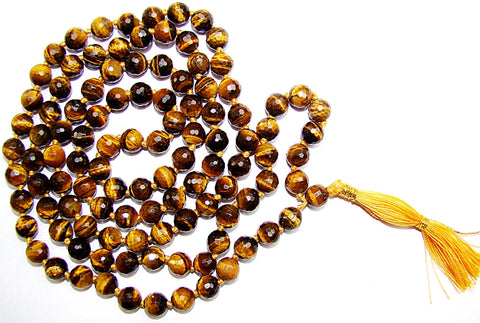 Tiger eye mala made from very high quality faceted beads for confidence and courage