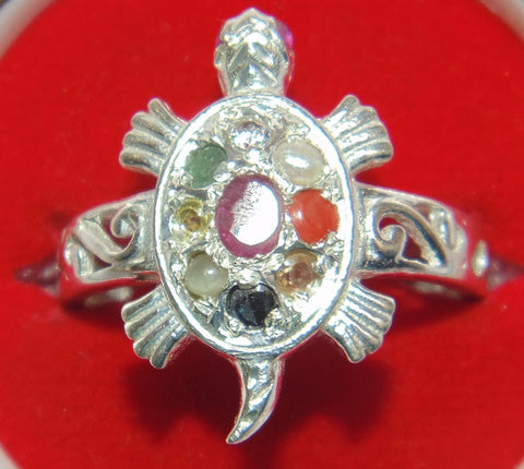 Silver Tortoise shaped ring with Navratna stones